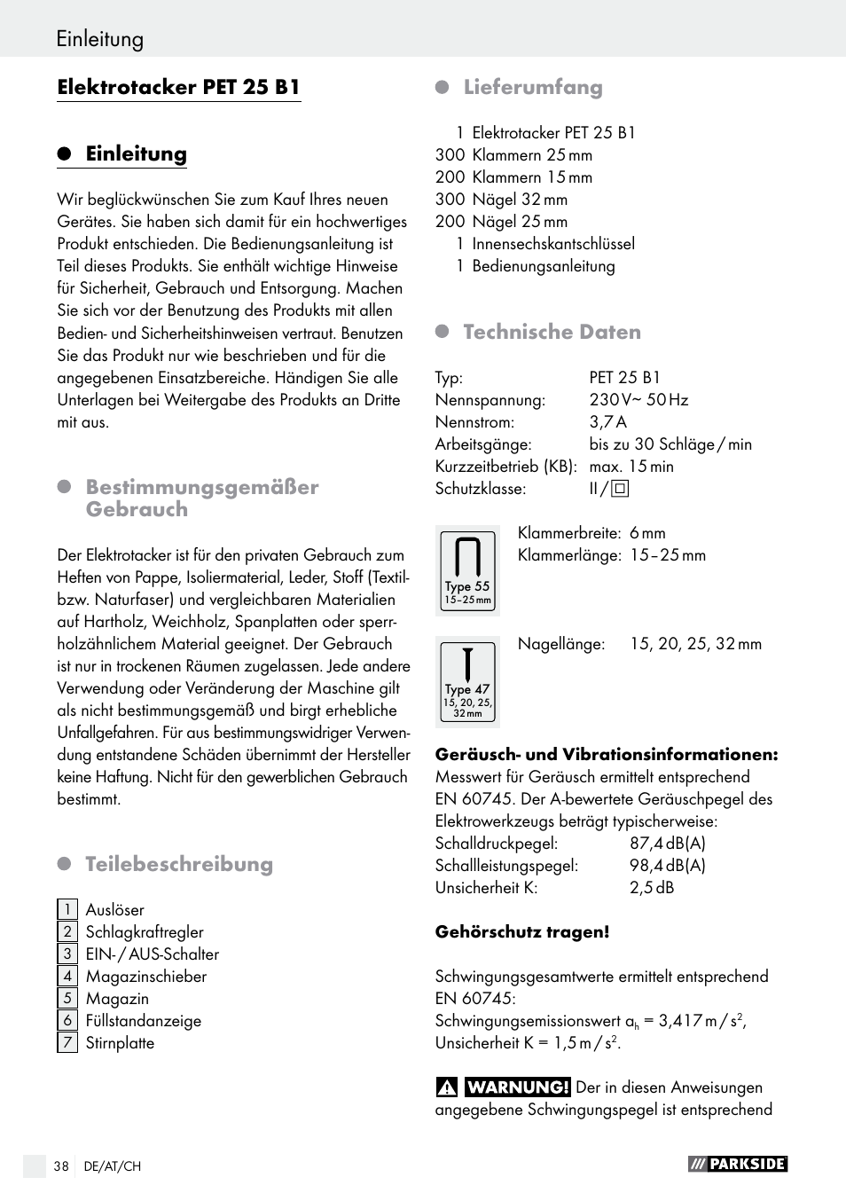 Elektrotacker pet 25 b1, Einleitung, Bestimmungsgemäßer gebrauch | Teilebeschreibung, Lieferumfang, Technische daten | Parkside PET 25 B1 User Manual | Page 38 / 45