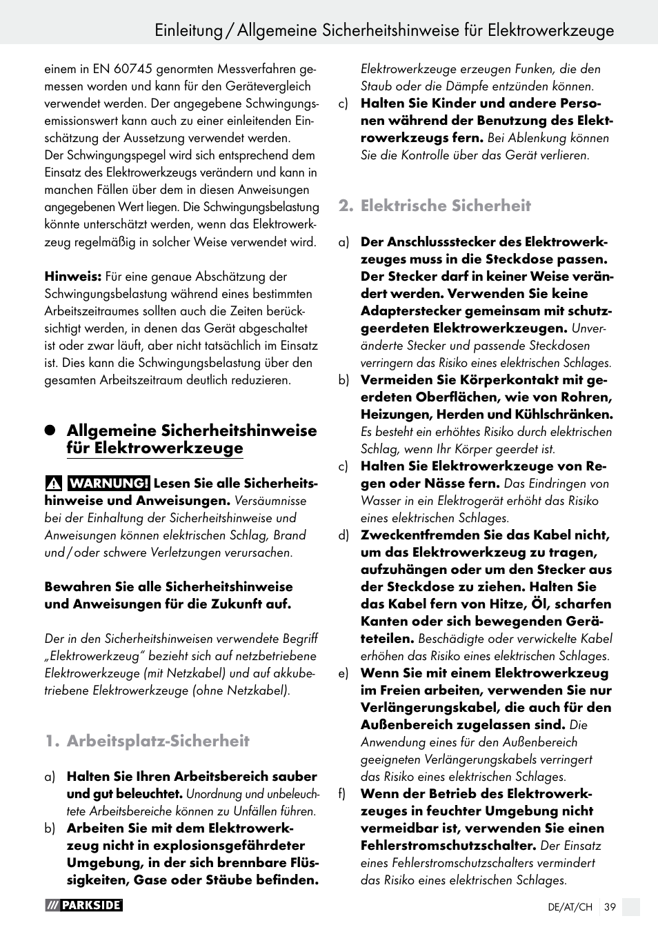 Arbeitsplatz-sicherheit, Elektrische sicherheit | Parkside PET 25 B1 User Manual | Page 39 / 45