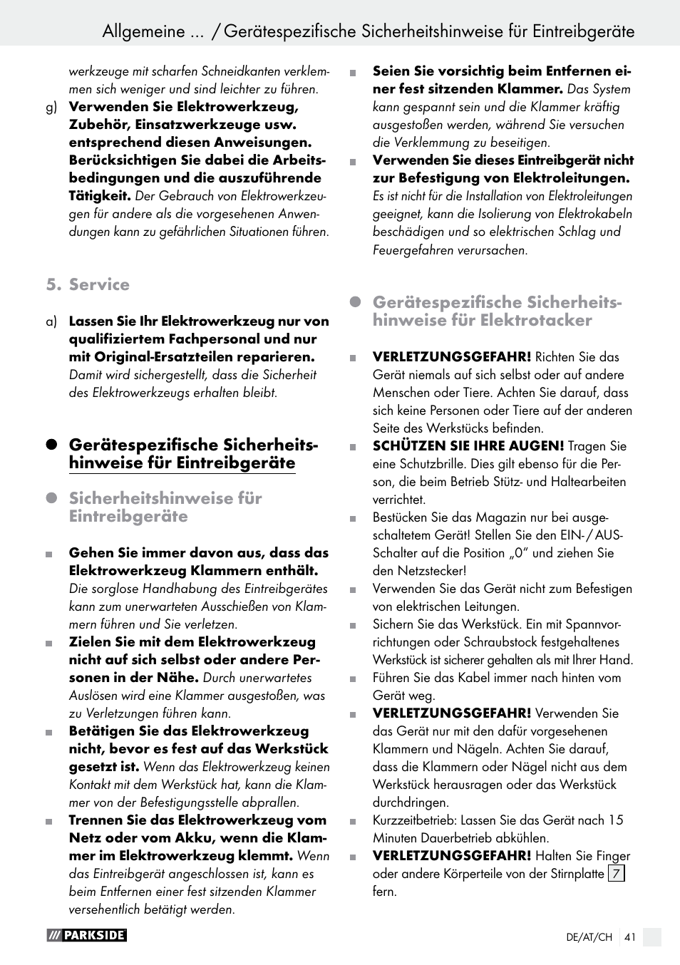 Service, Sicherheitshinweise für eintreibgeräte | Parkside PET 25 B1 User Manual | Page 41 / 45