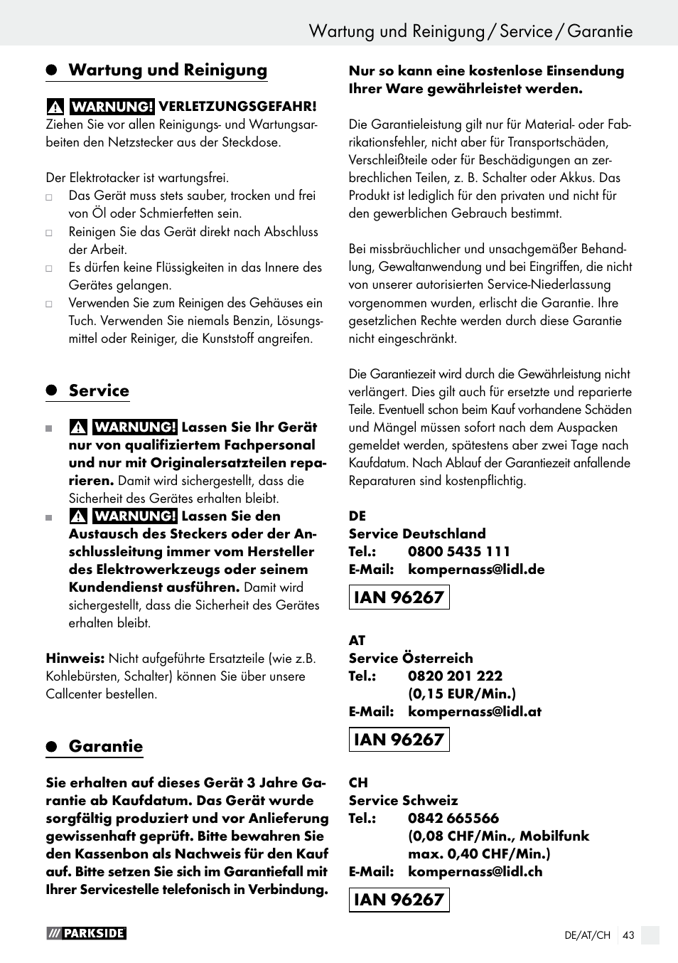 Wartung und reinigung, Service, Garantie | Parkside PET 25 B1 User Manual | Page 43 / 45