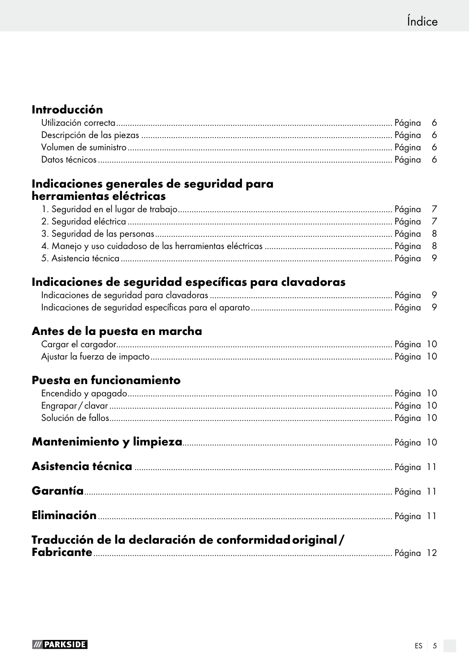 Índice | Parkside PET 25 B1 User Manual | Page 5 / 45