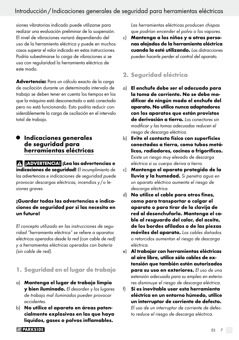 Seguridad en el lugar de trabajo, Seguridad eléctrica | Parkside PET 25 B1 User Manual | Page 7 / 45
