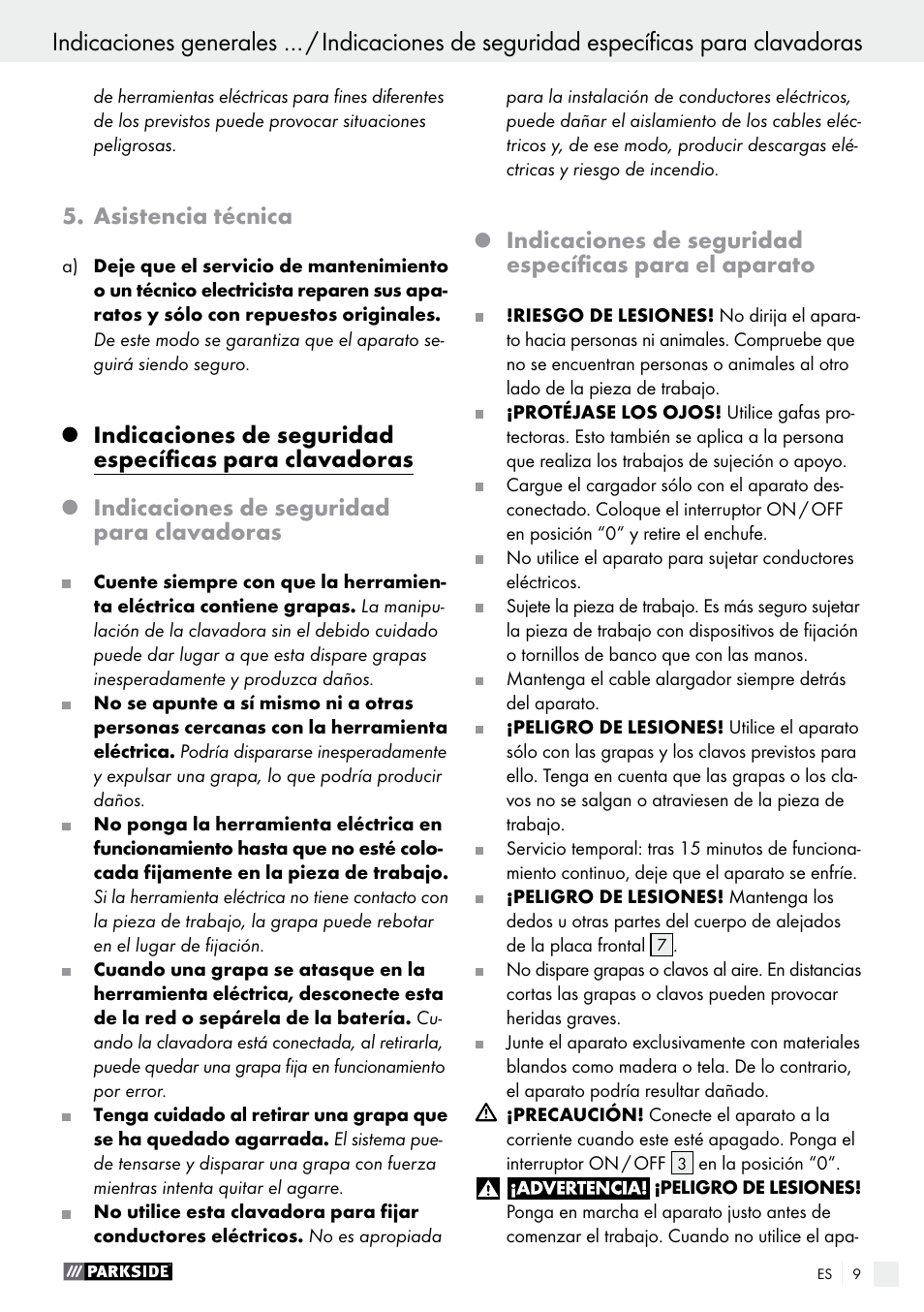 Asistencia técnica, Indicaciones de seguridad para clavadoras | Parkside PET 25 B1 User Manual | Page 9 / 45