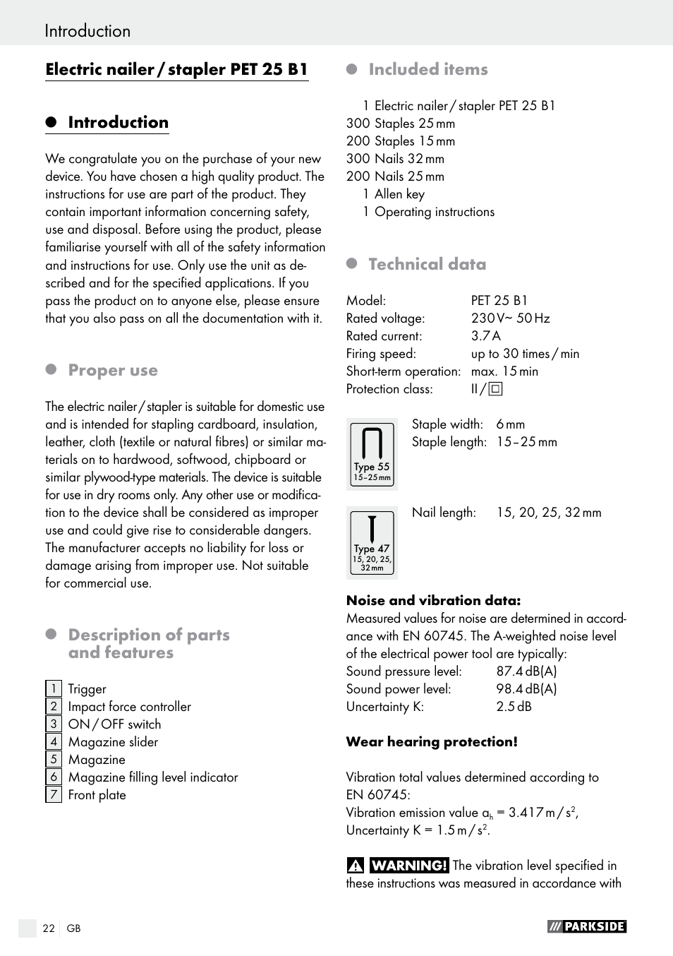 Electric nailer / stapler pet 25 b1, Introduction, Proper use | Description of parts and features, Included items, Technical data | Parkside PET 25 B1 User Manual | Page 22 / 28