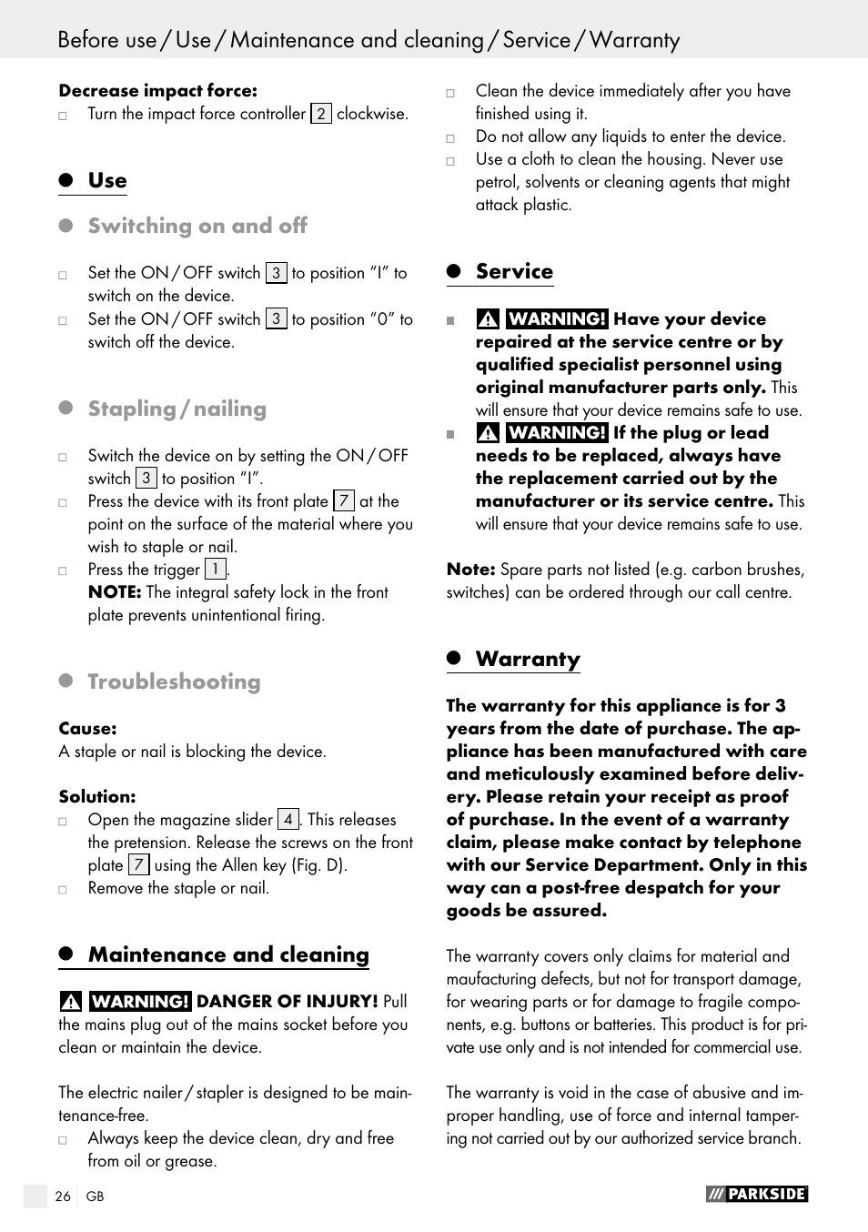 Switching on and off, Stapling / nailing, Troubleshooting | Maintenance and cleaning, Service, Warranty | Parkside PET 25 B1 User Manual | Page 26 / 28