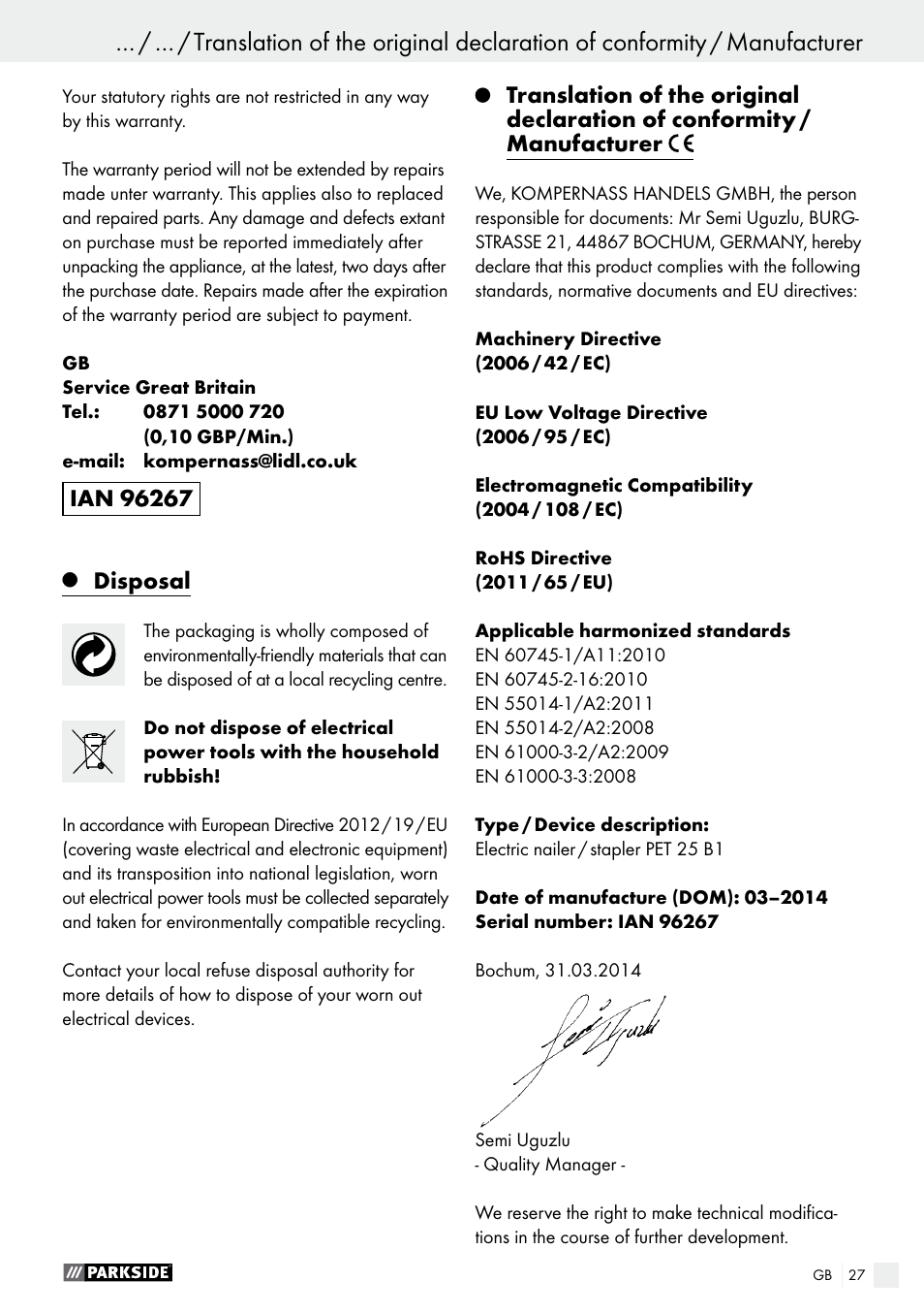 Parkside PET 25 B1 User Manual | Page 27 / 28