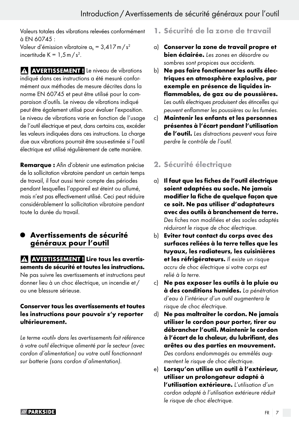 Avertissements de sécurité généraux pour l’outil, Sécurité de la zone de travail, Sécurité électrique | Parkside PET 25 B1 User Manual | Page 7 / 28