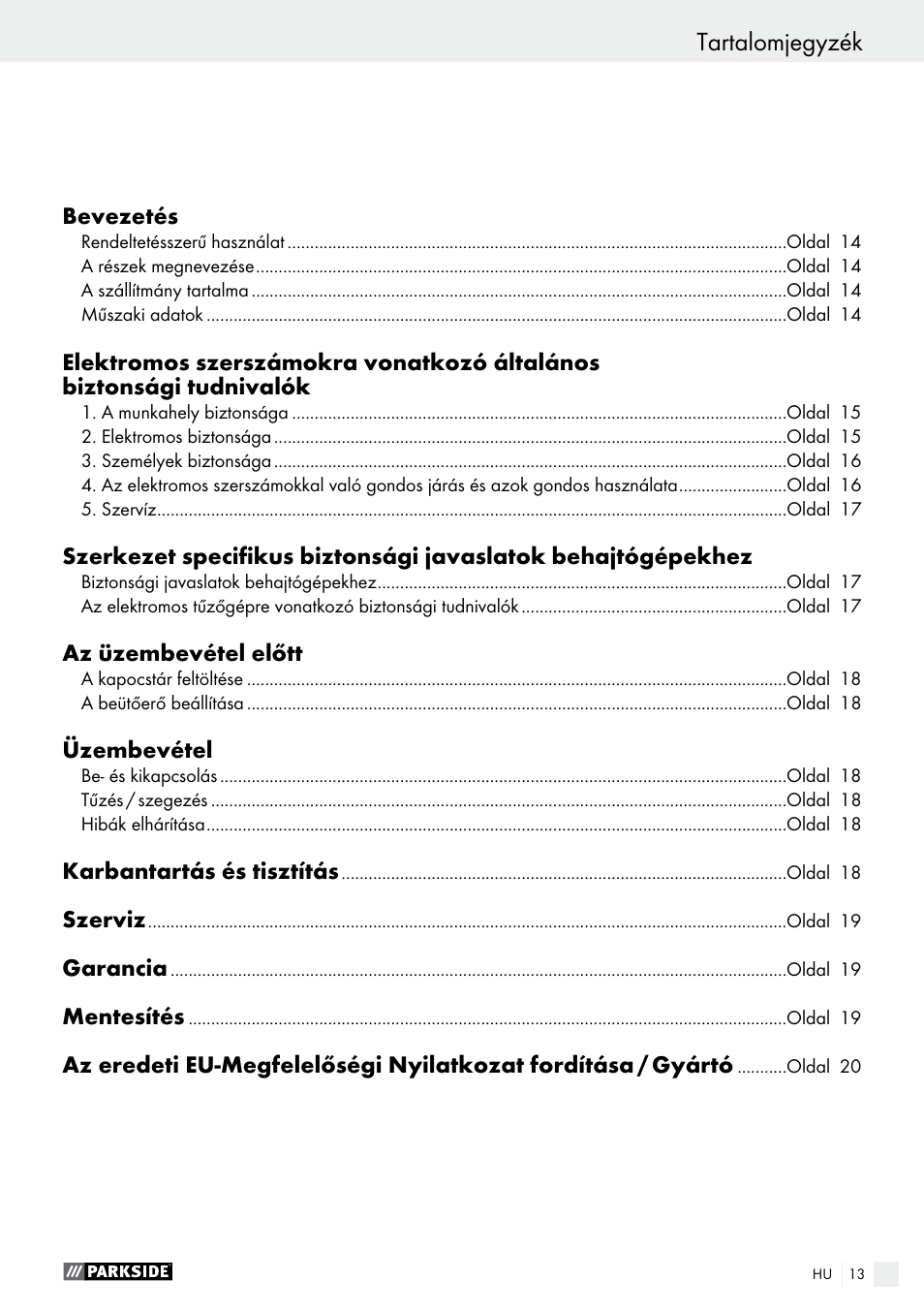 Tartalomjegyzék | Parkside PET 25 B1 User Manual | Page 13 / 55