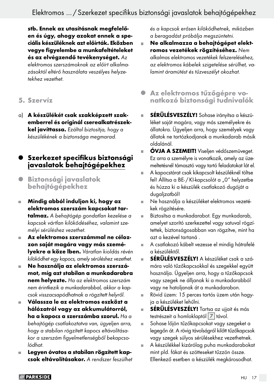 Szervíz, Biztonsági javaslatok behajtógépekhez | Parkside PET 25 B1 User Manual | Page 17 / 55