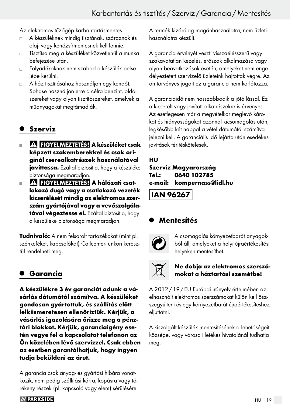 Szerviz, Garancia, Mentesítés | Parkside PET 25 B1 User Manual | Page 19 / 55