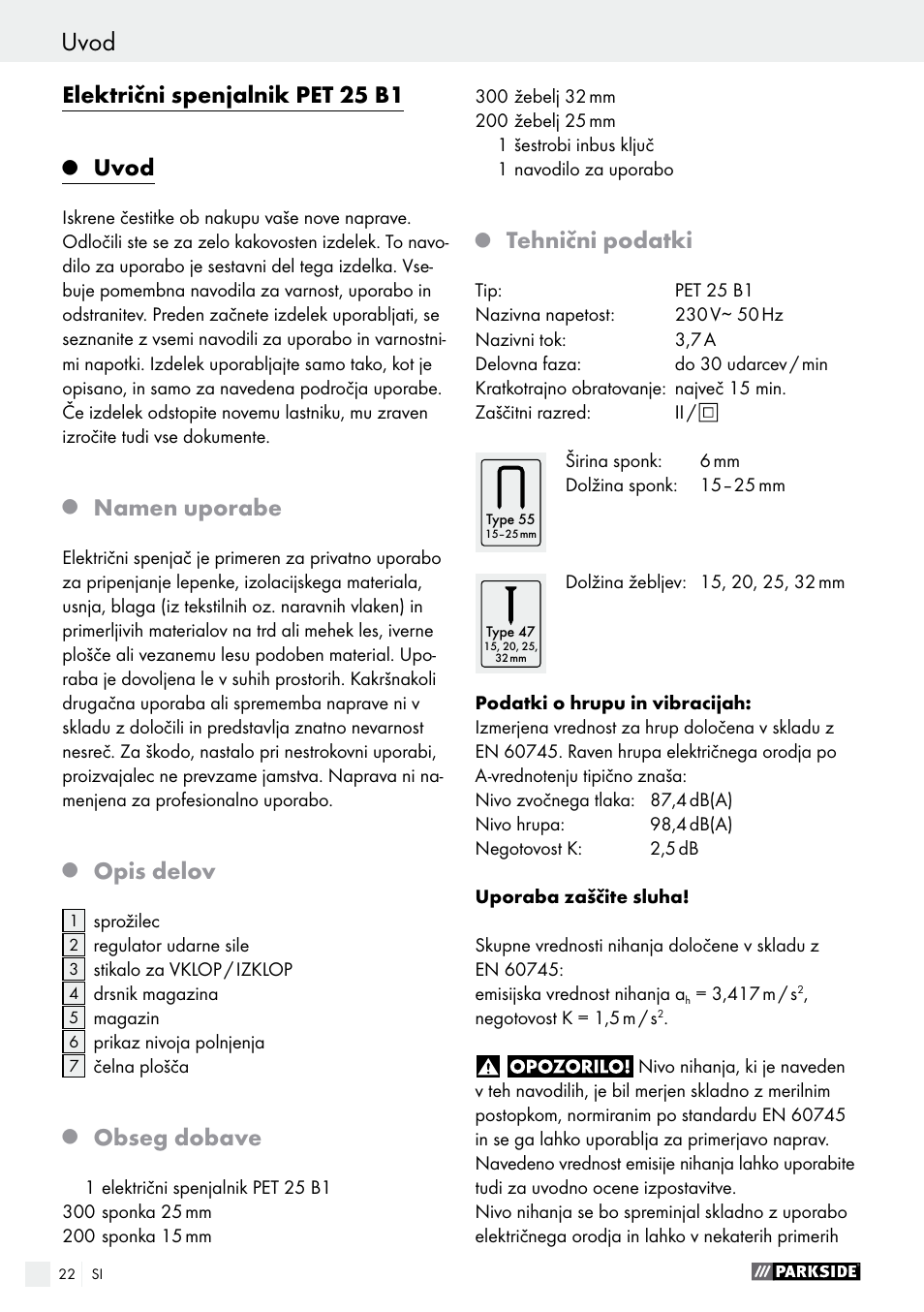 Električni spenjalnik pet 25 b1, Uvod, Namen uporabe | Opis delov, Obseg dobave, Tehnični podatki | Parkside PET 25 B1 User Manual | Page 22 / 55