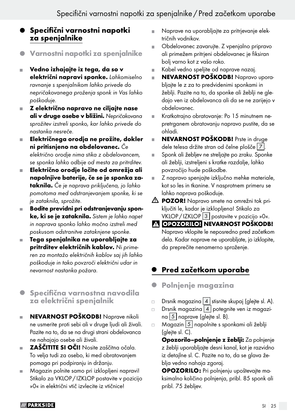 Specifični varnostni napotki za spenjalnike, Varnostni napotki za spenjalnike, Pred začetkom uporabe | Polnjenje magazina | Parkside PET 25 B1 User Manual | Page 25 / 55