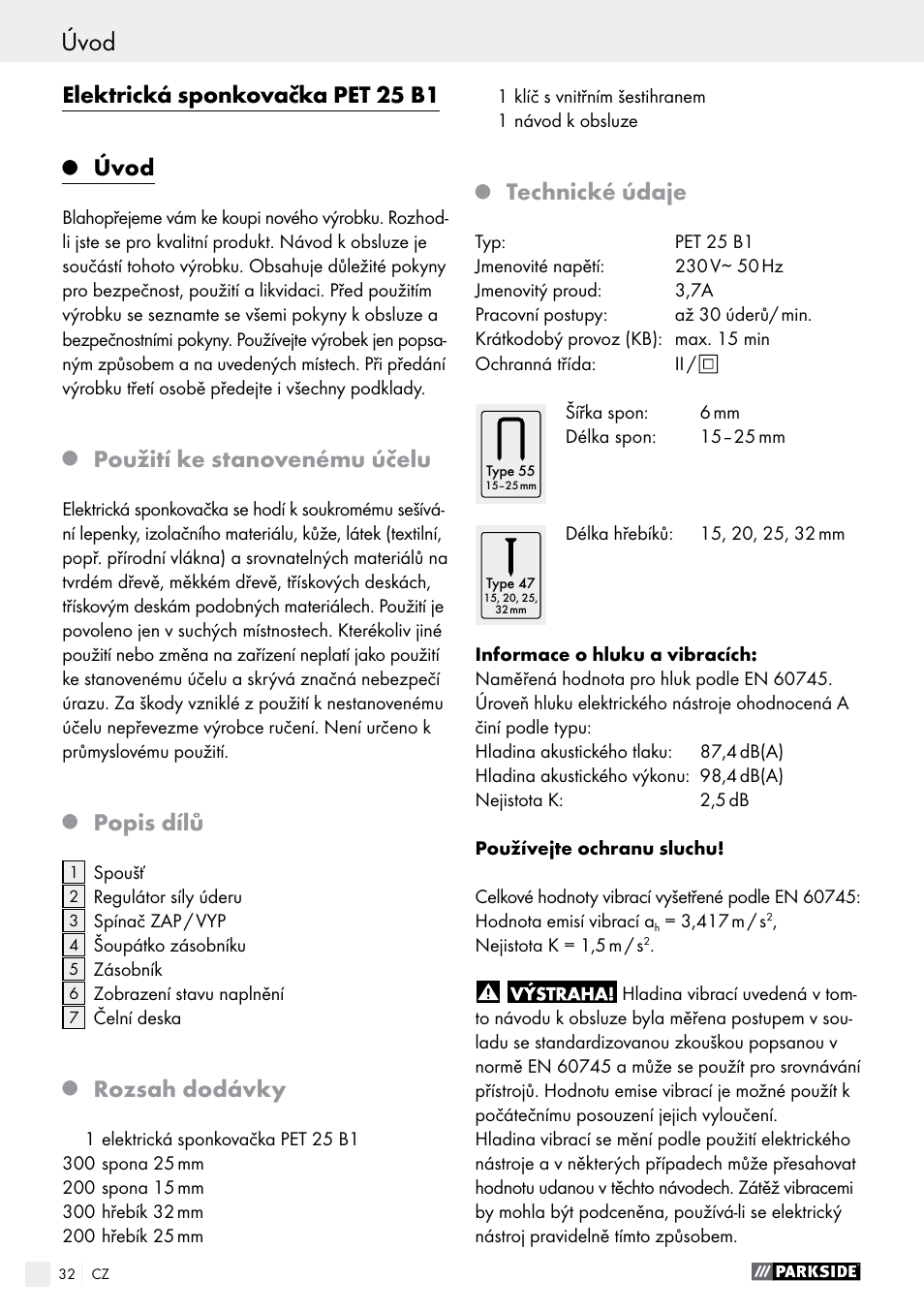 Úvod, Elektrická sponkovačka pet 25 b1, Použití ke stanovenému účelu | Popis dílů, Rozsah dodávky, Technické údaje | Parkside PET 25 B1 User Manual | Page 32 / 55