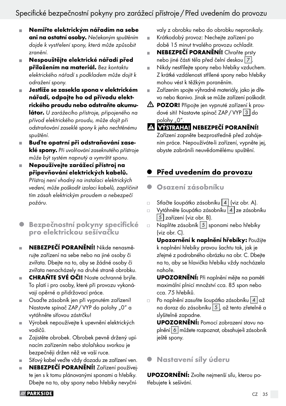 Před uvedením do provozu, Osazení zásobníku, Nastavení síly úderu | Parkside PET 25 B1 User Manual | Page 35 / 55