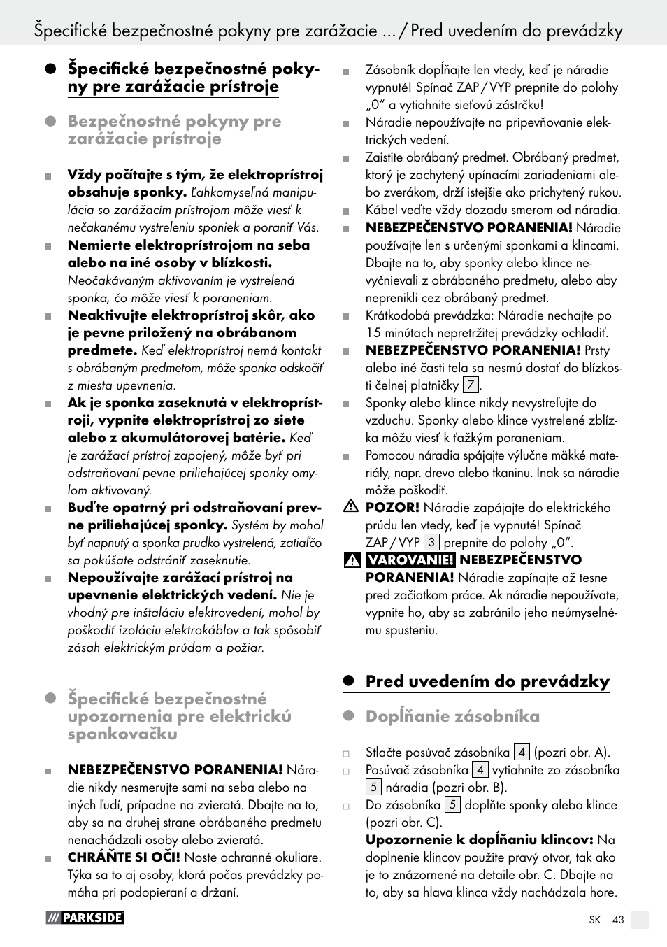 Bezpečnostné pokyny pre zarážacie prístroje, Pred uvedením do prevádzky, Dopĺňanie zásobníka | Parkside PET 25 B1 User Manual | Page 43 / 55