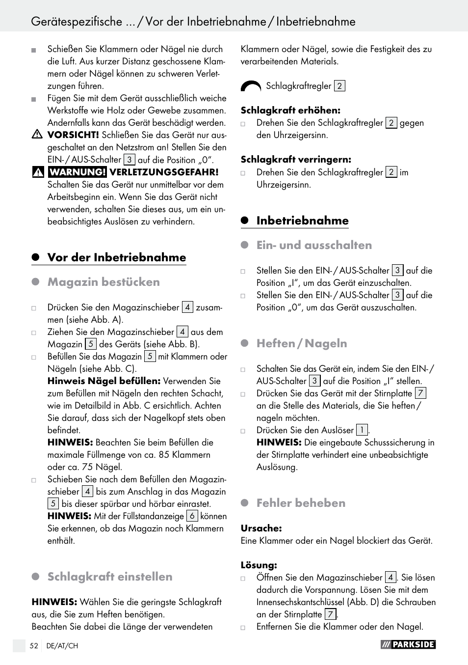 Vor der inbetriebnahme, Magazin bestücken, Schlagkraft einstellen | Inbetriebnahme, Ein- und ausschalten, Heften / nageln, Fehler beheben | Parkside PET 25 B1 User Manual | Page 52 / 55