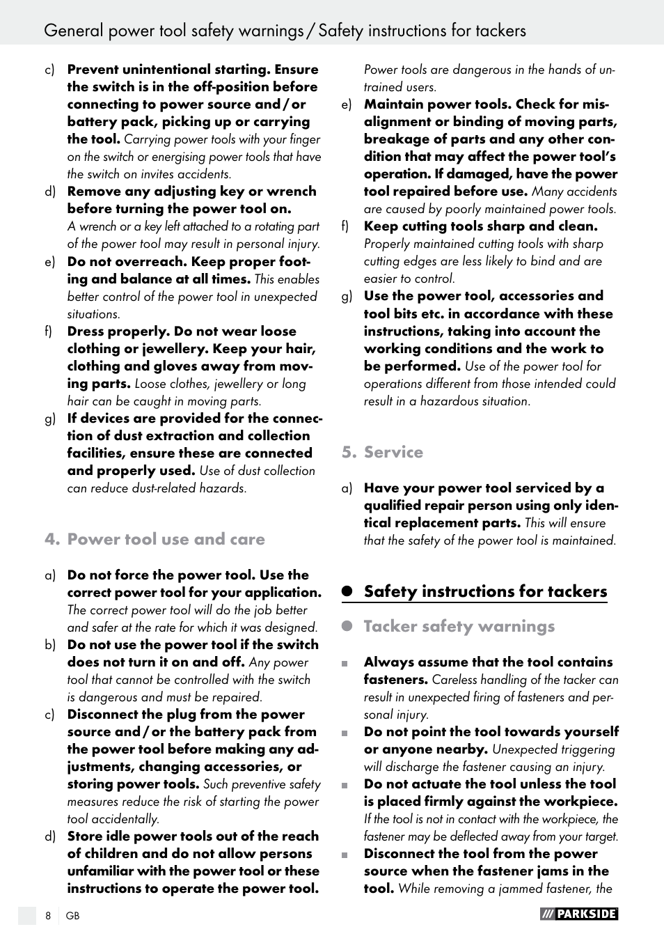 Power tool use and care, Service, Safety instructions for tackers | Tacker safety warnings | Parkside PET 25 B1 User Manual | Page 8 / 55