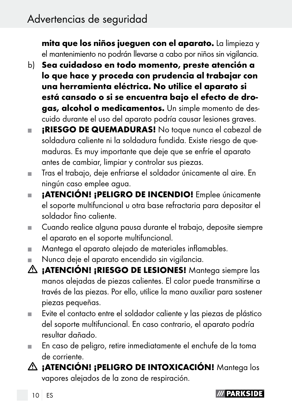 Advertencias de seguridad | Parkside PLBS 30 A1 User Manual | Page 10 / 75