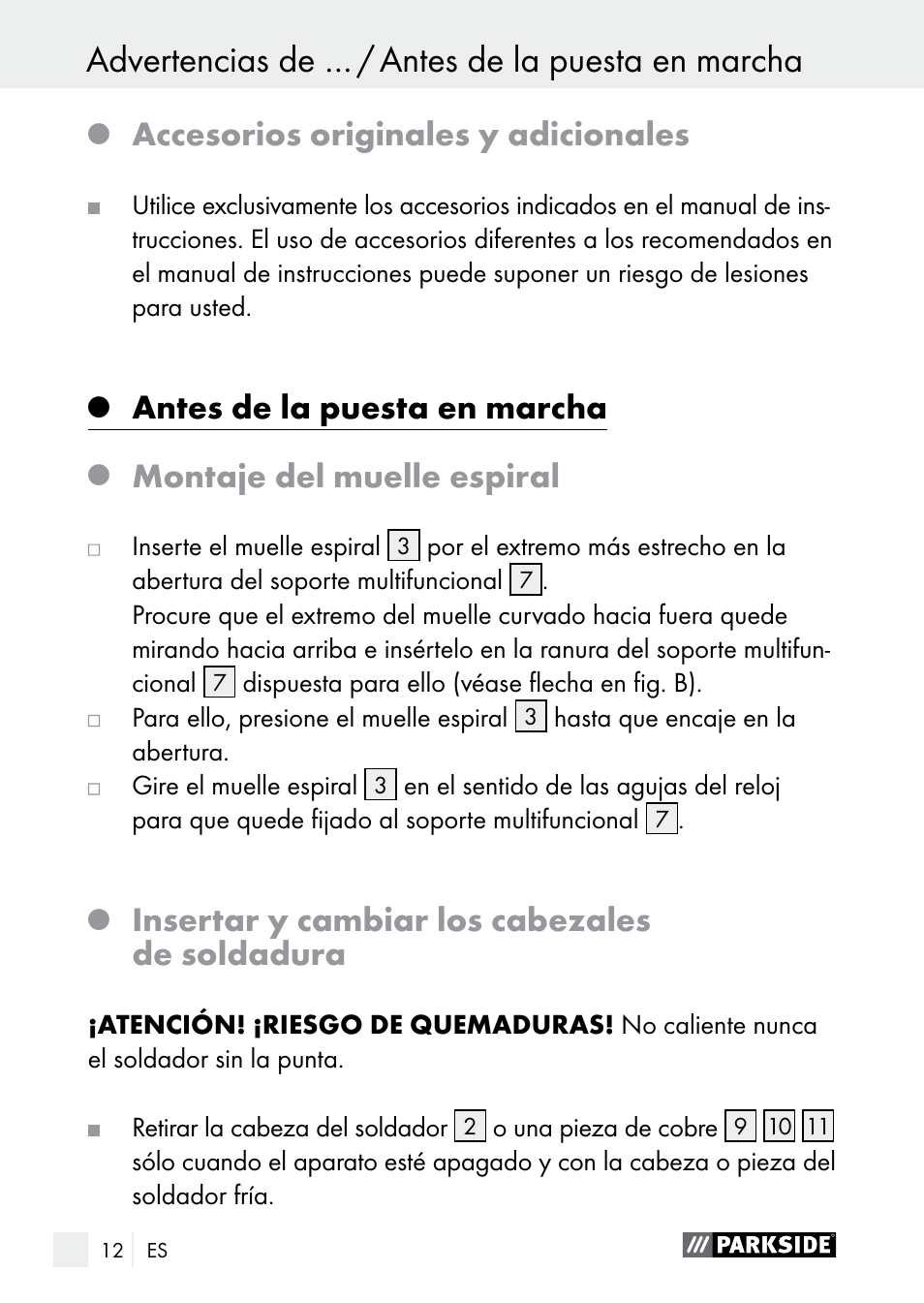 Accesorios originales y adicionales, Antes de la puesta en marcha, Montaje del muelle espiral | Insertar y cambiar los cabezales de soldadura | Parkside PLBS 30 A1 User Manual | Page 12 / 75