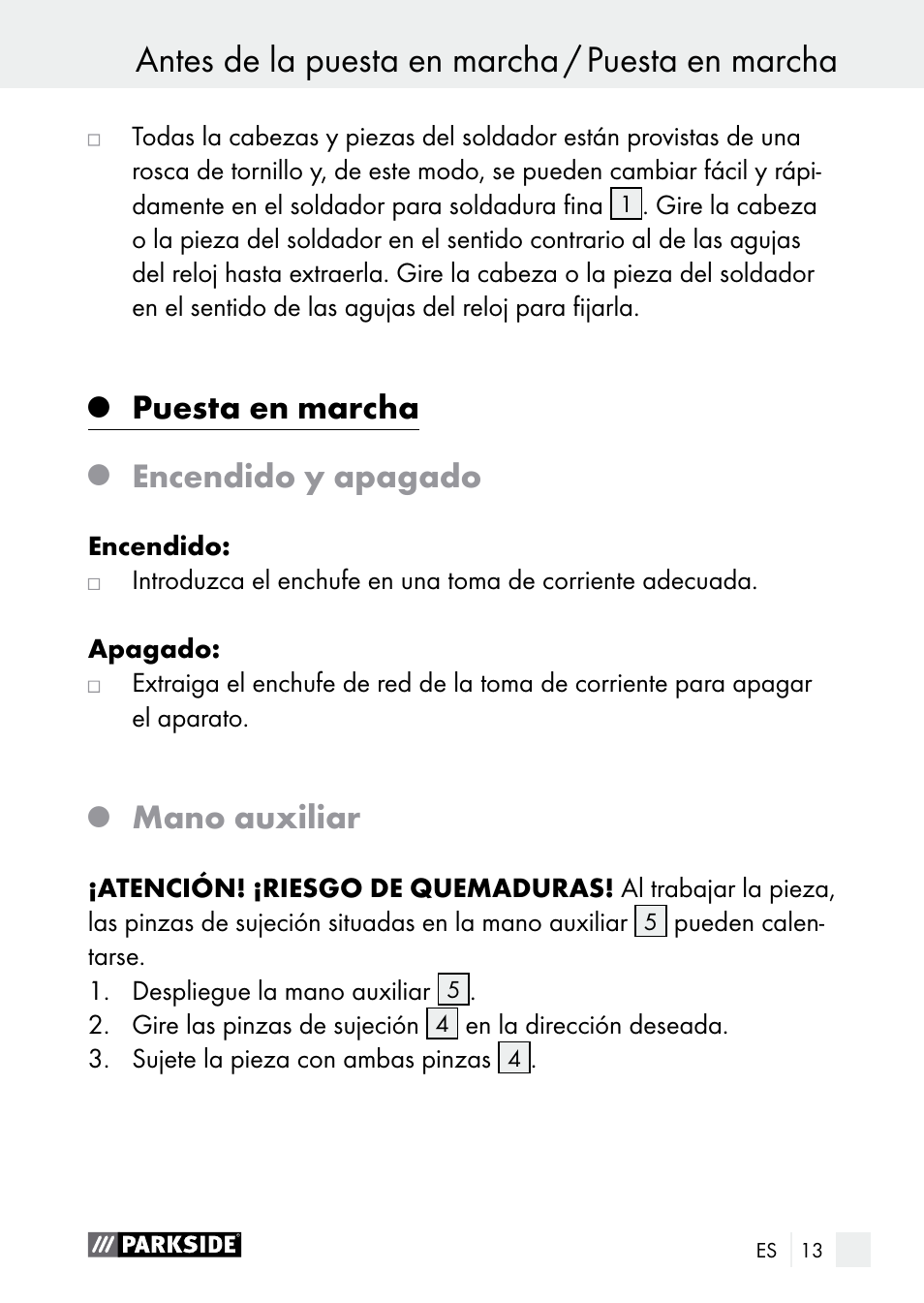 Puesta en marcha, Encendido y apagado, Mano auxiliar | Parkside PLBS 30 A1 User Manual | Page 13 / 75