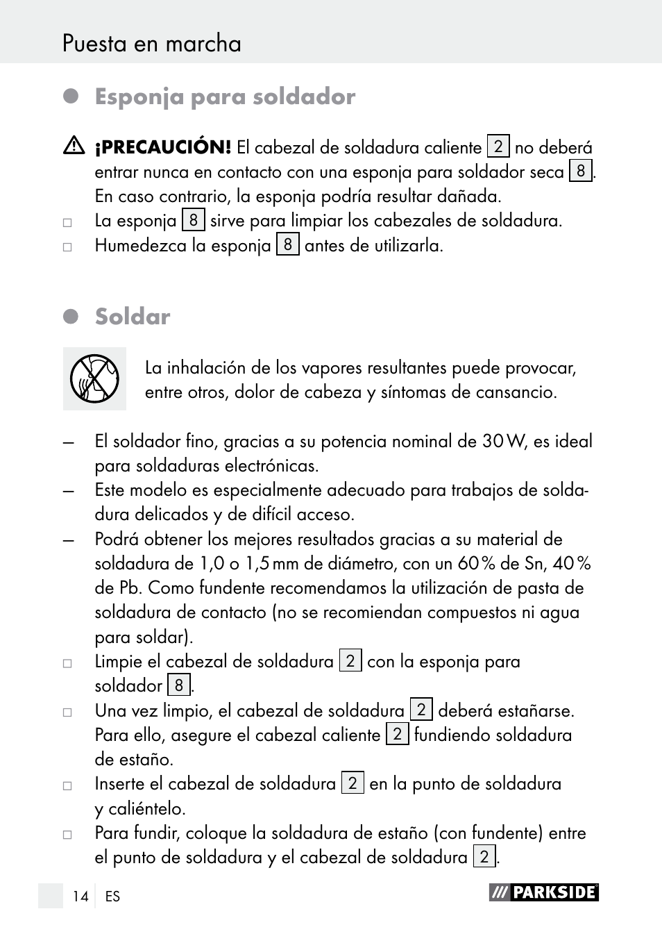 Puesta en marcha, Esponja para soldador, Soldar | Parkside PLBS 30 A1 User Manual | Page 14 / 75