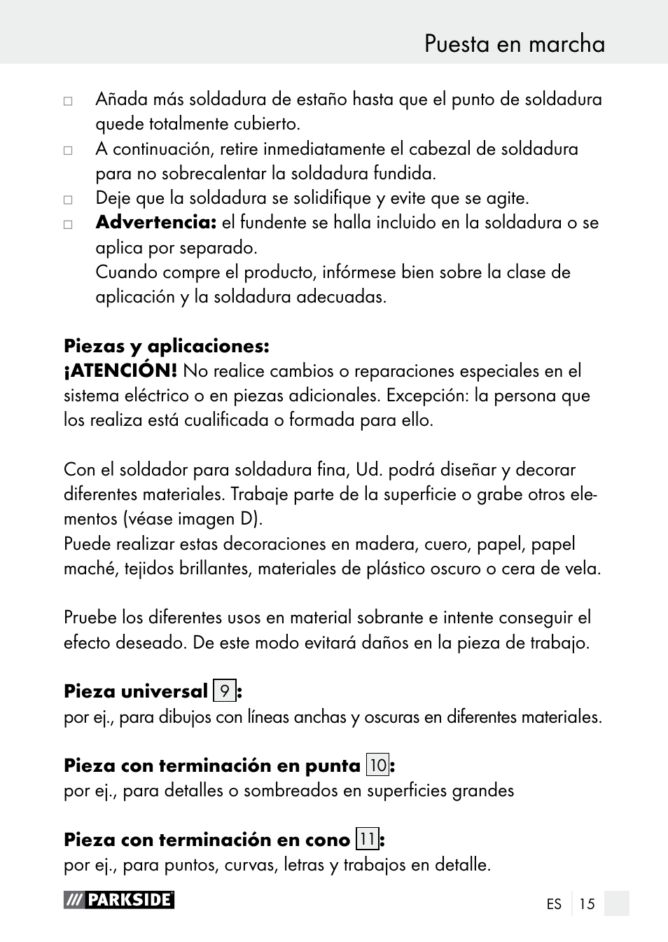 Puesta en marcha | Parkside PLBS 30 A1 User Manual | Page 15 / 75