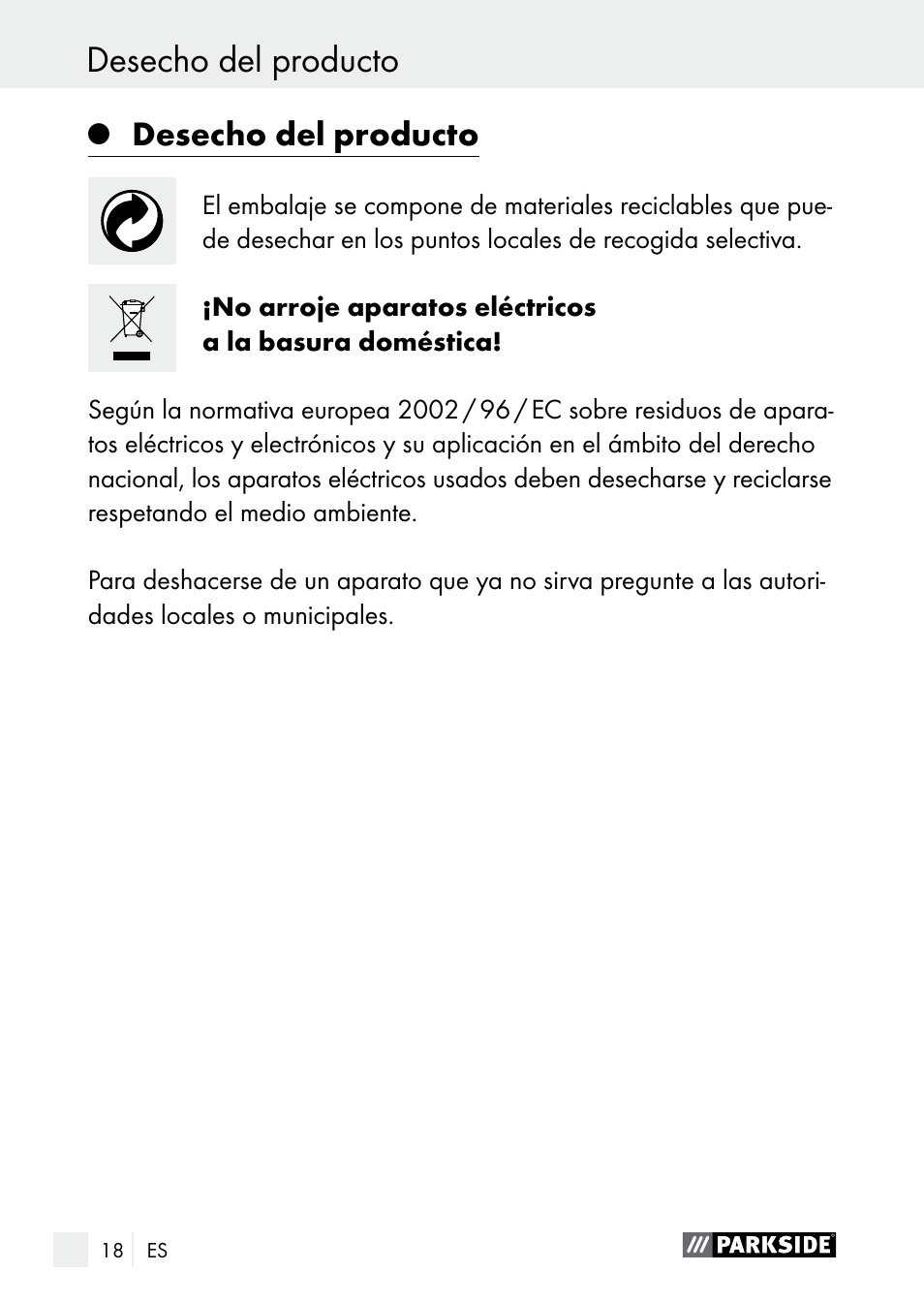 Indice desecho del producto, Desecho del producto | Parkside PLBS 30 A1 User Manual | Page 18 / 75