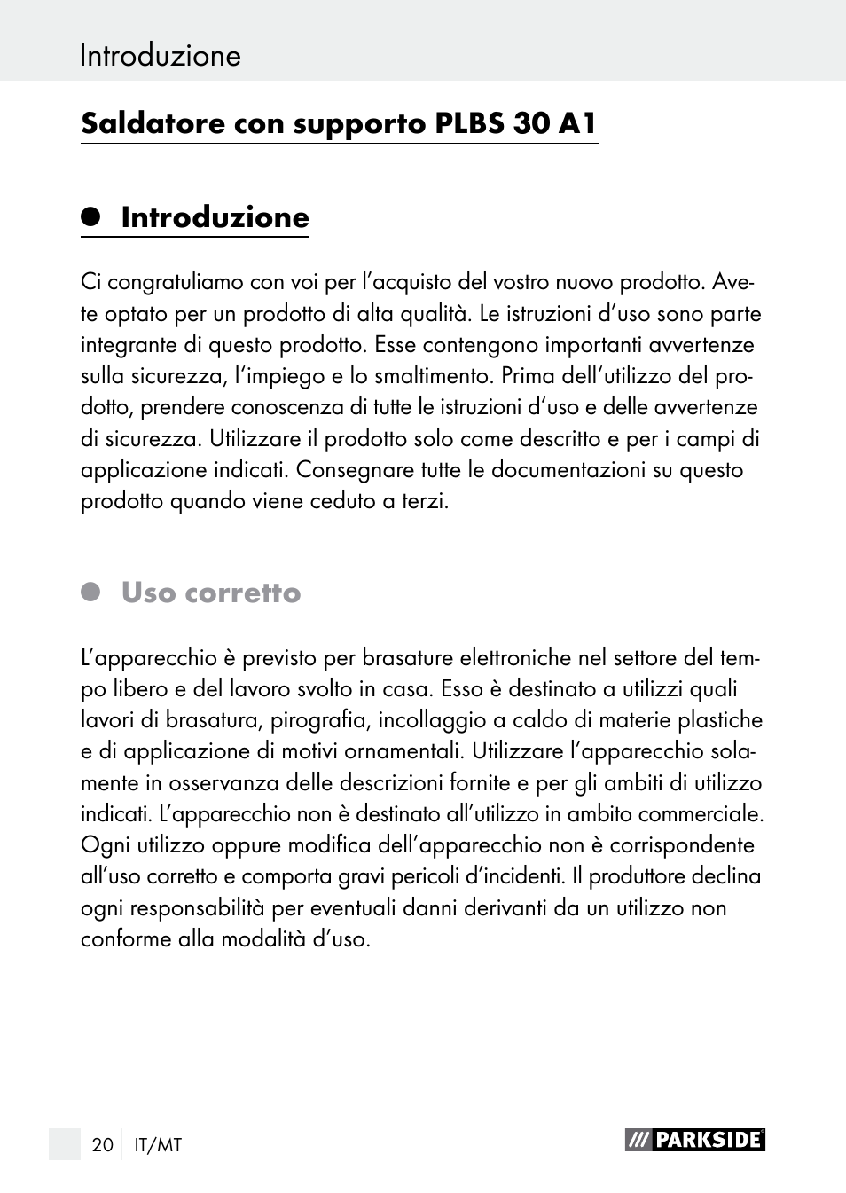 Introduzione, Saldatore con supporto plbs 30 a1, Uso corretto | Parkside PLBS 30 A1 User Manual | Page 20 / 75