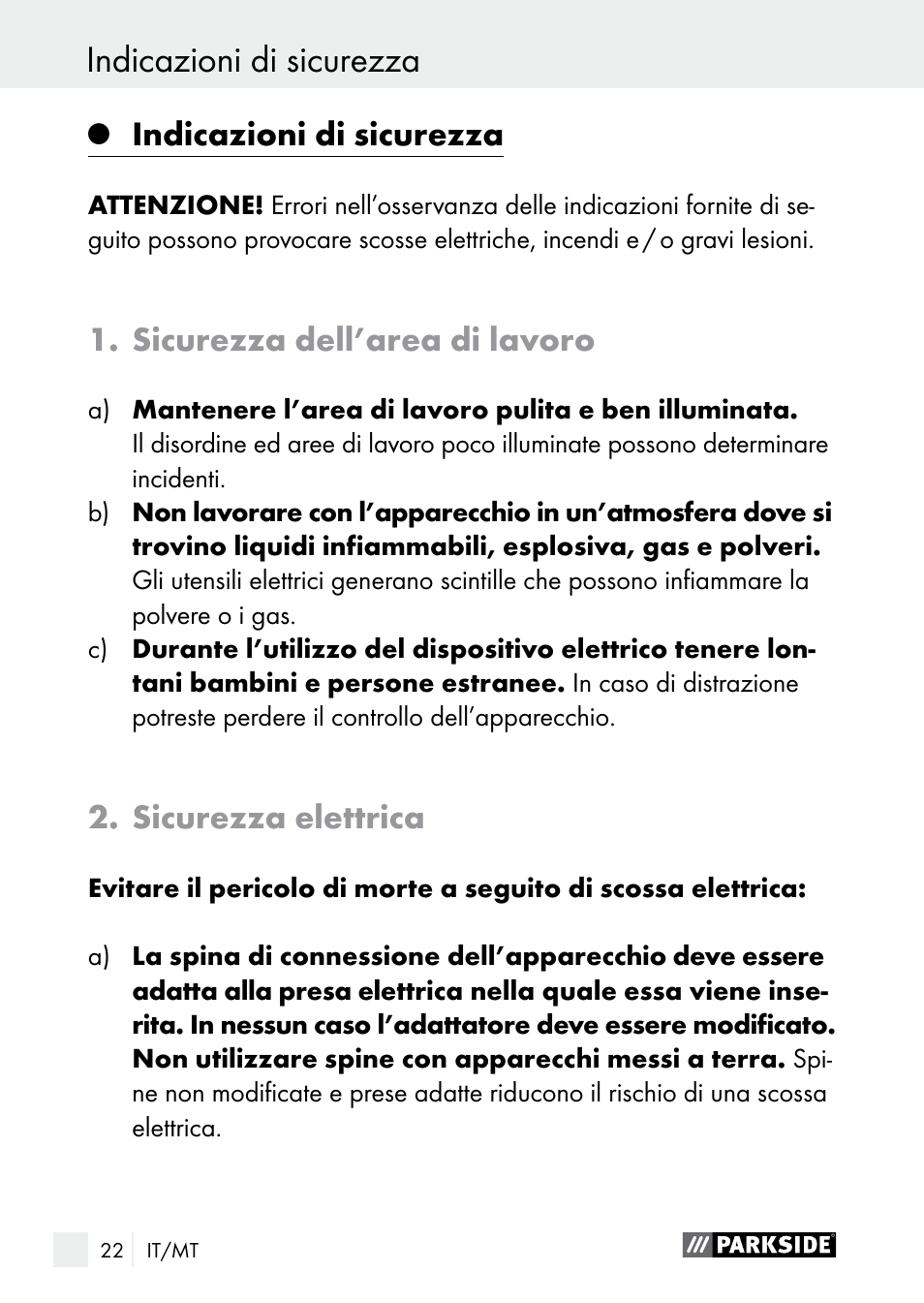 Indicazioni di sicurezza, Sicurezza dell’area di lavoro, Sicurezza elettrica | Parkside PLBS 30 A1 User Manual | Page 22 / 75