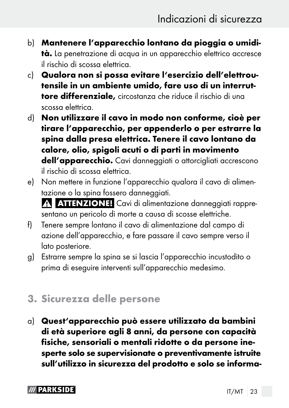 Indicazioni di sicurezza, Sicurezza delle persone | Parkside PLBS 30 A1 User Manual | Page 23 / 75