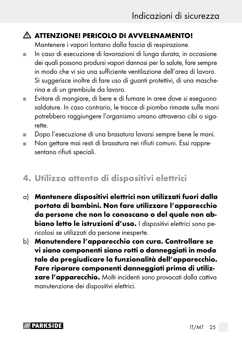 Indicazioni di sicurezza, Utilizzo attento di dispositivi elettrici | Parkside PLBS 30 A1 User Manual | Page 25 / 75