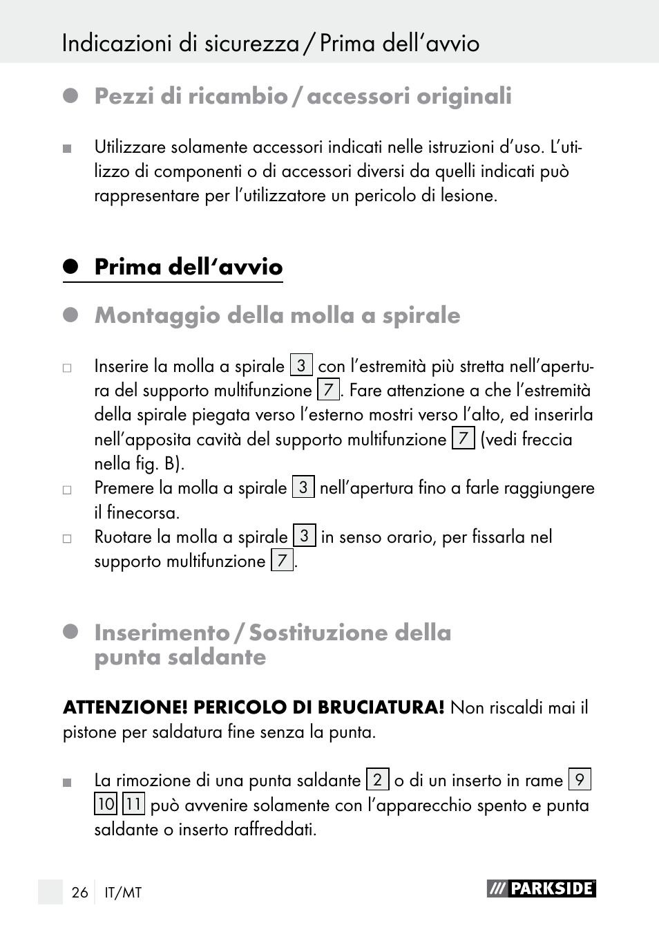 Pezzi di ricambio / accessori originali, Prima dell‘avvio, Montaggio della molla a spirale | Inserimento / sostituzione della punta saldante | Parkside PLBS 30 A1 User Manual | Page 26 / 75