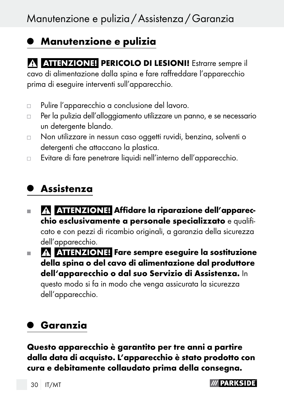 Manutenzione e pulizia, Assistenza, Garanzia | Parkside PLBS 30 A1 User Manual | Page 30 / 75