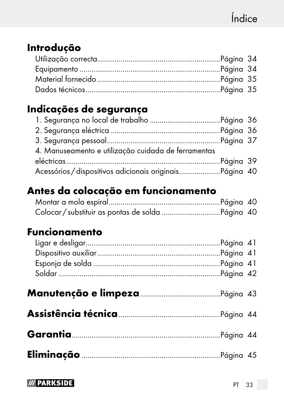 Índice garanzia / smaltimento | Parkside PLBS 30 A1 User Manual | Page 33 / 75