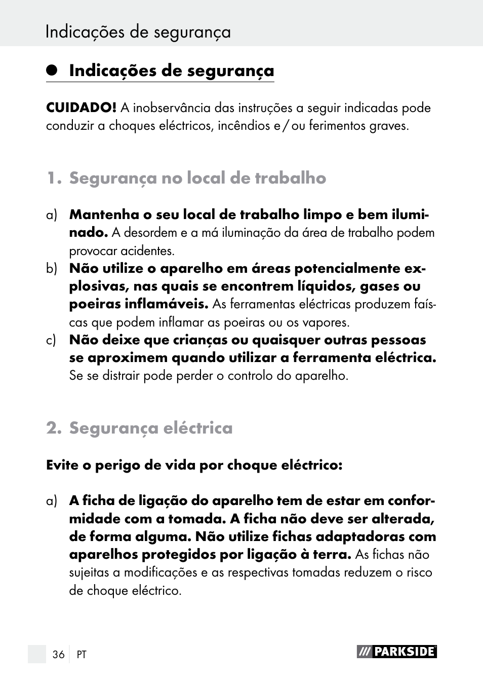 Indicações de segurança, Segurança no local de trabalho, Segurança eléctrica | Parkside PLBS 30 A1 User Manual | Page 36 / 75