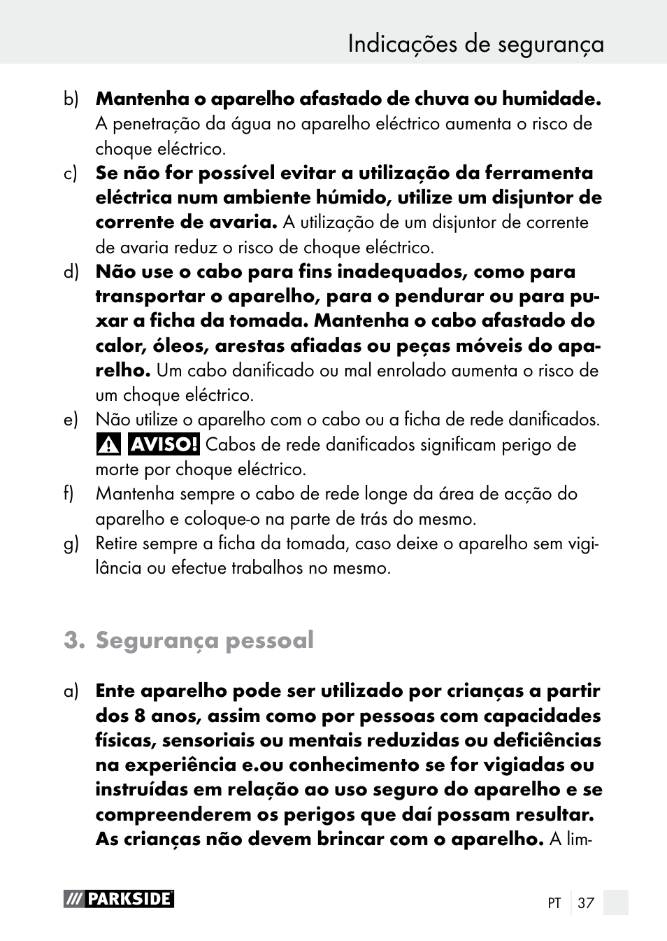 Indicações de segurança, Segurança pessoal | Parkside PLBS 30 A1 User Manual | Page 37 / 75