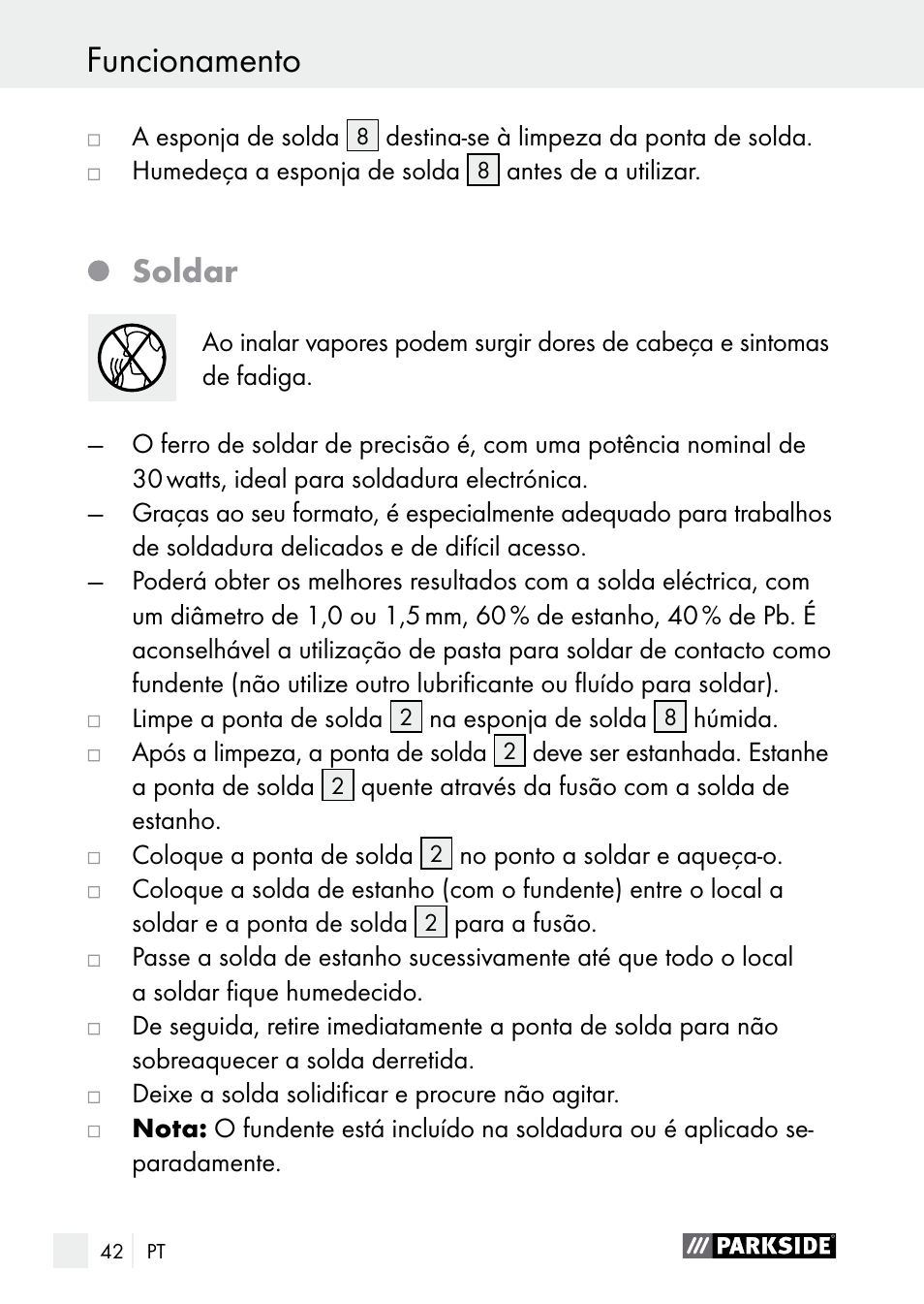 Funcionamento / manutenção e limpeza funcionamento, Soldar | Parkside PLBS 30 A1 User Manual | Page 42 / 75