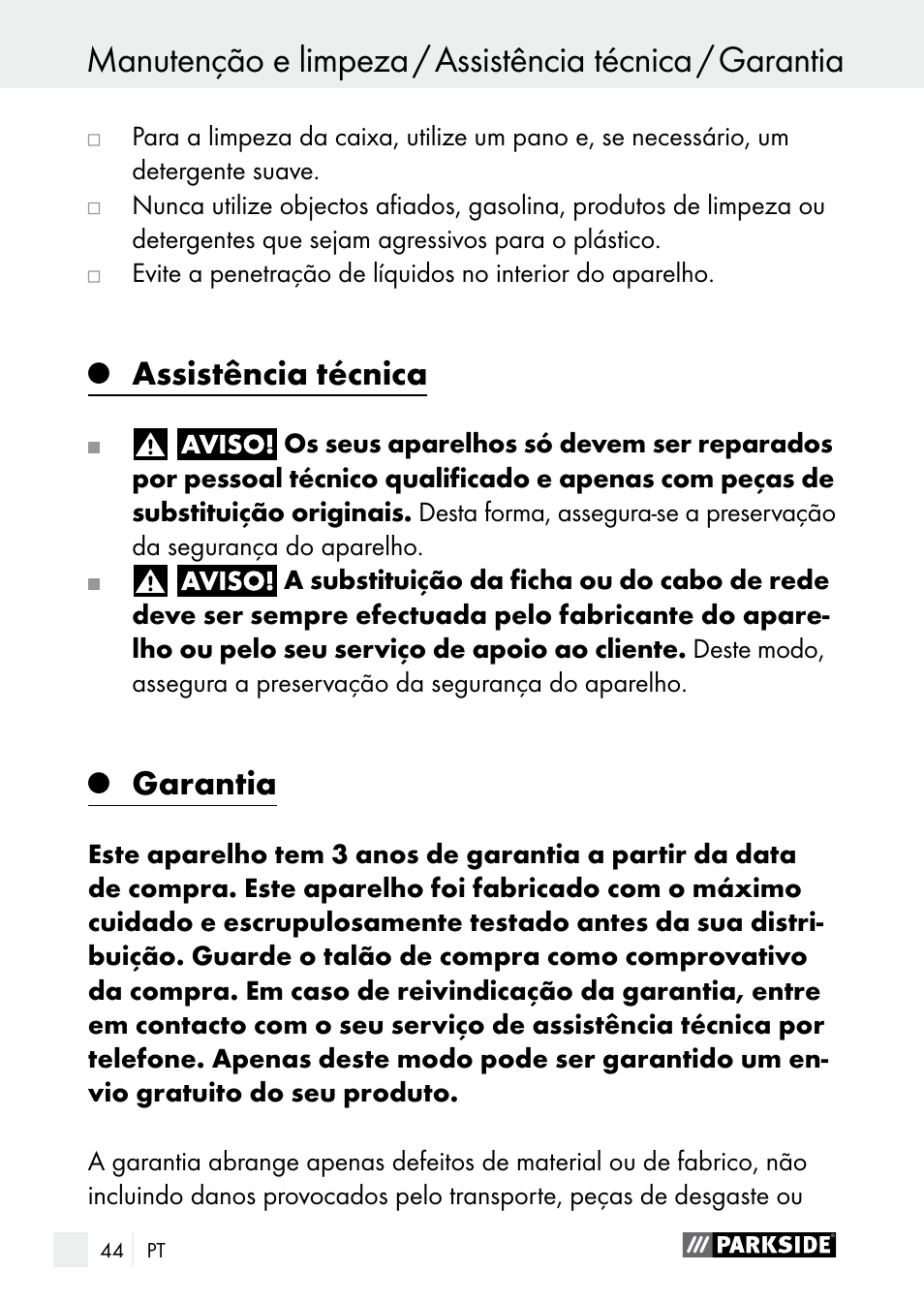 Assistência técnica, Garantia | Parkside PLBS 30 A1 User Manual | Page 44 / 75