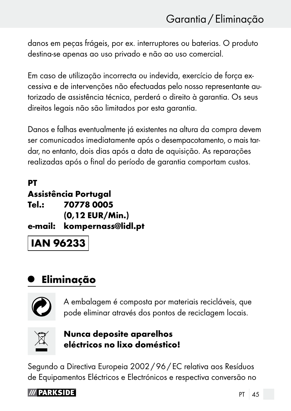 Eliminação | Parkside PLBS 30 A1 User Manual | Page 45 / 75