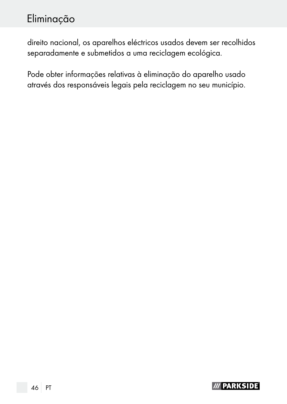 Table of contents eliminação | Parkside PLBS 30 A1 User Manual | Page 46 / 75