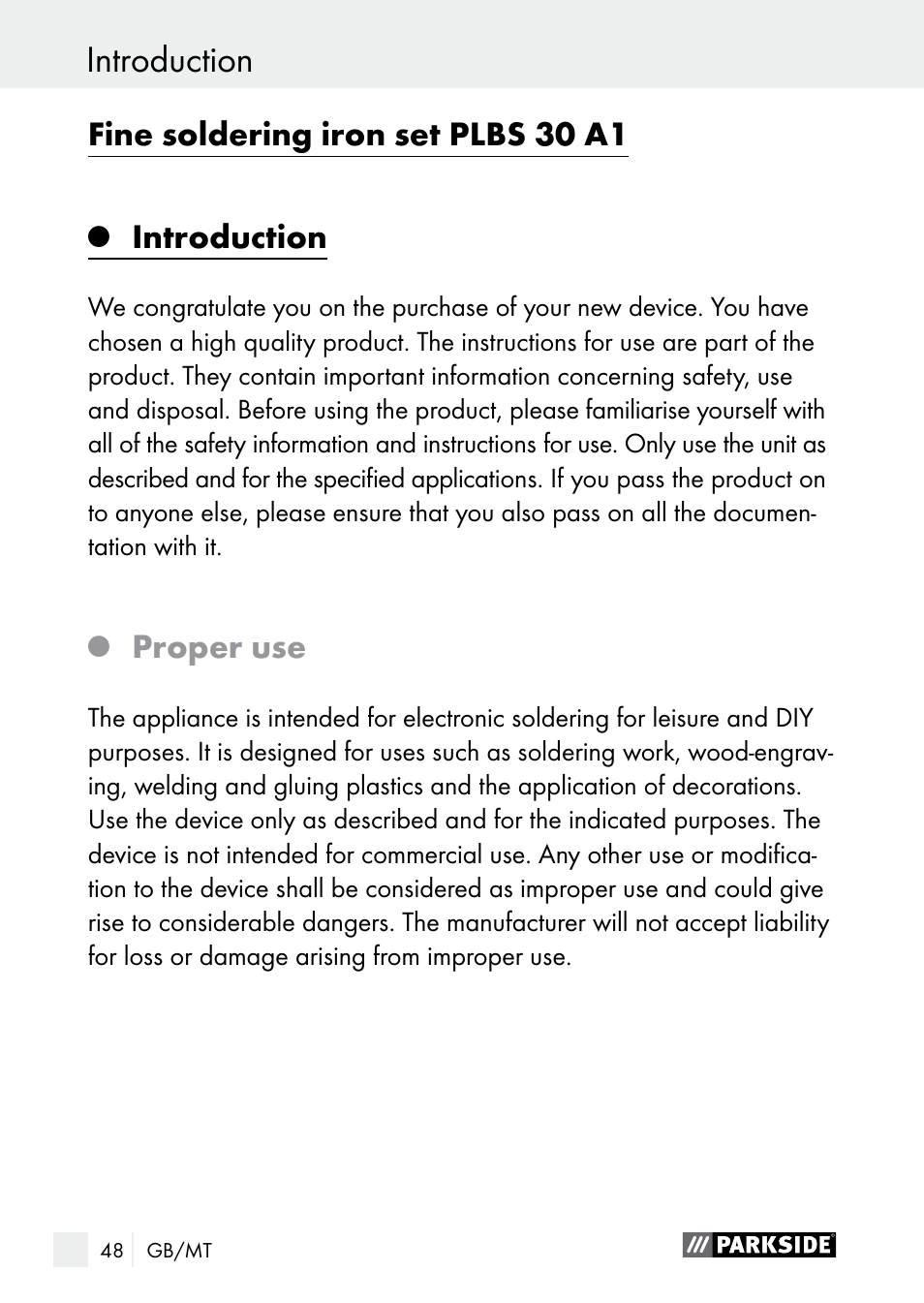 Introduction, Fine soldering iron set plbs 30 a1, Proper use | Parkside PLBS 30 A1 User Manual | Page 48 / 75