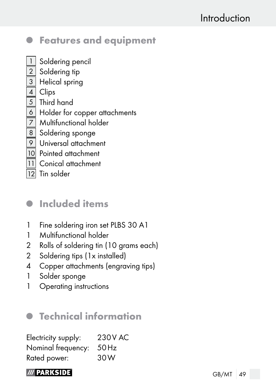 Introduction, Features and equipment, Included items | Technical information | Parkside PLBS 30 A1 User Manual | Page 49 / 75