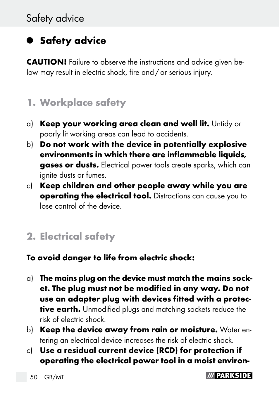 Safety advice, Workplace safety, Electrical safety | Parkside PLBS 30 A1 User Manual | Page 50 / 75
