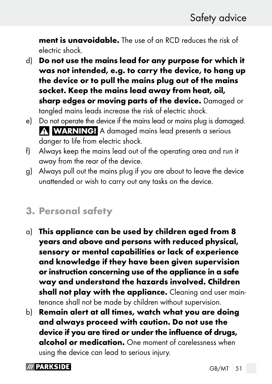 Safety advice, Personal safety | Parkside PLBS 30 A1 User Manual | Page 51 / 75