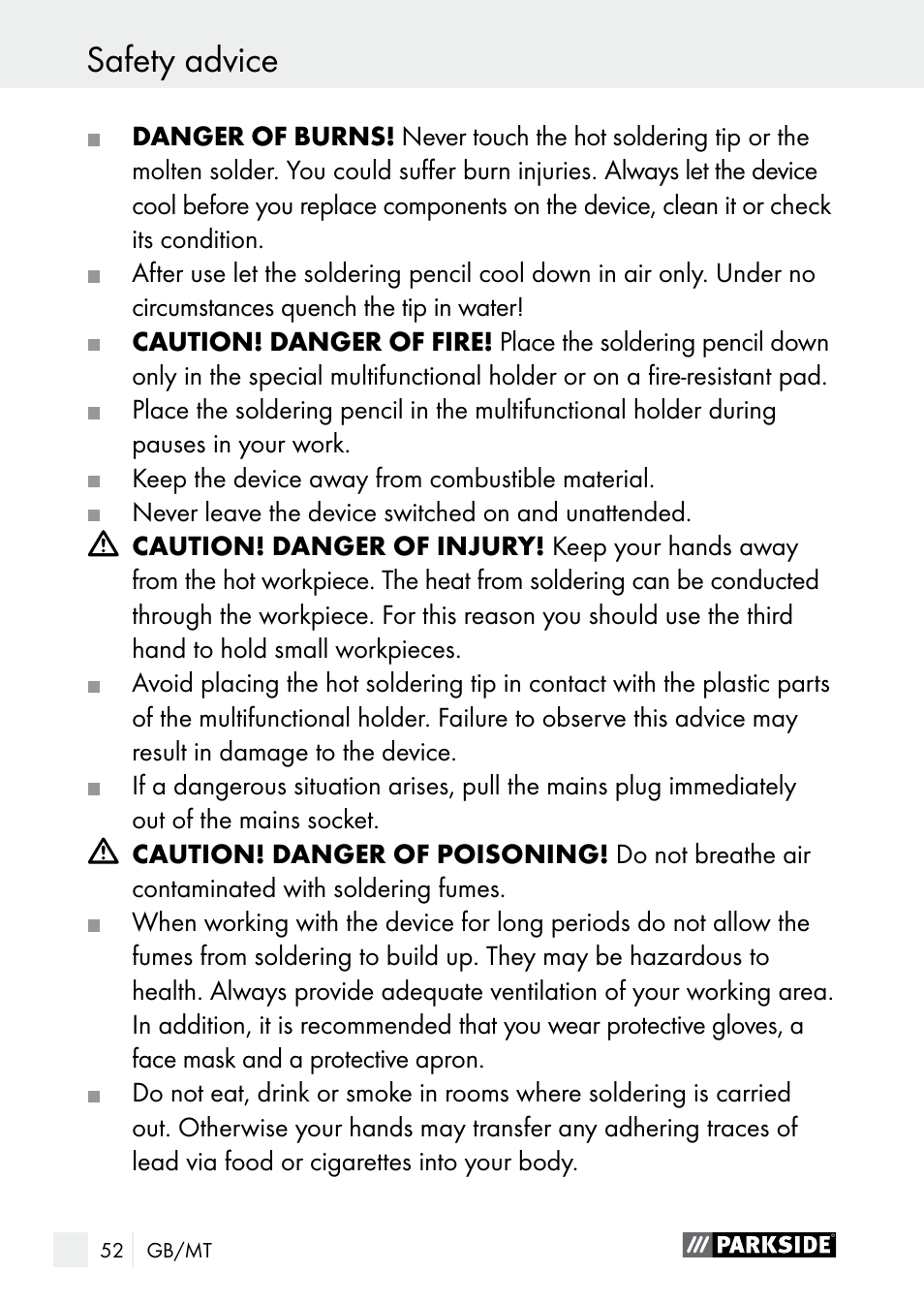 Safety advice | Parkside PLBS 30 A1 User Manual | Page 52 / 75