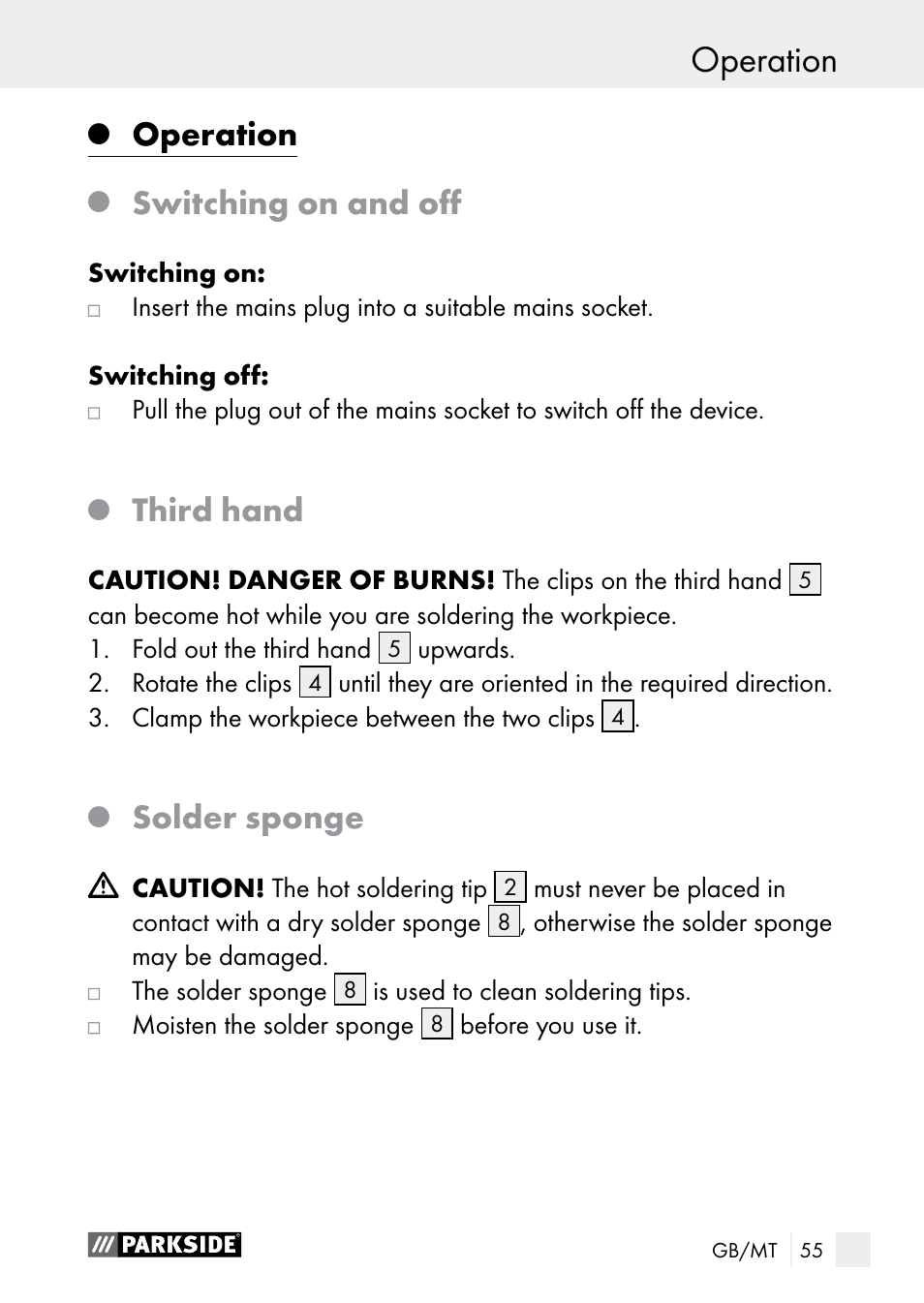 Operation before first use, Operation, Switching on and off | Third hand, Solder sponge | Parkside PLBS 30 A1 User Manual | Page 55 / 75