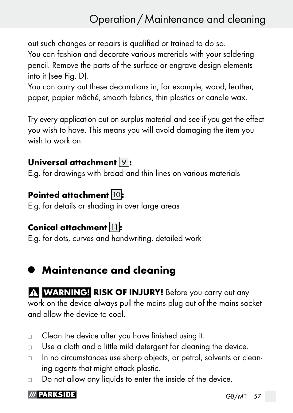 Operation / maintenance and cleaning operation, Maintenance and cleaning | Parkside PLBS 30 A1 User Manual | Page 57 / 75