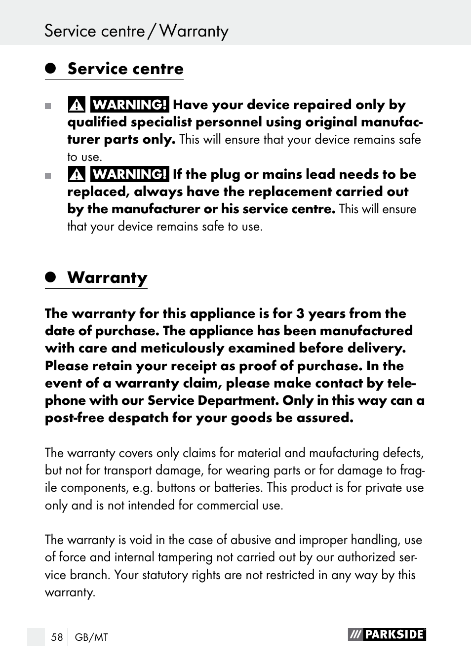 Warranty / disposal service centre / warranty, Service centre, Warranty | Parkside PLBS 30 A1 User Manual | Page 58 / 75