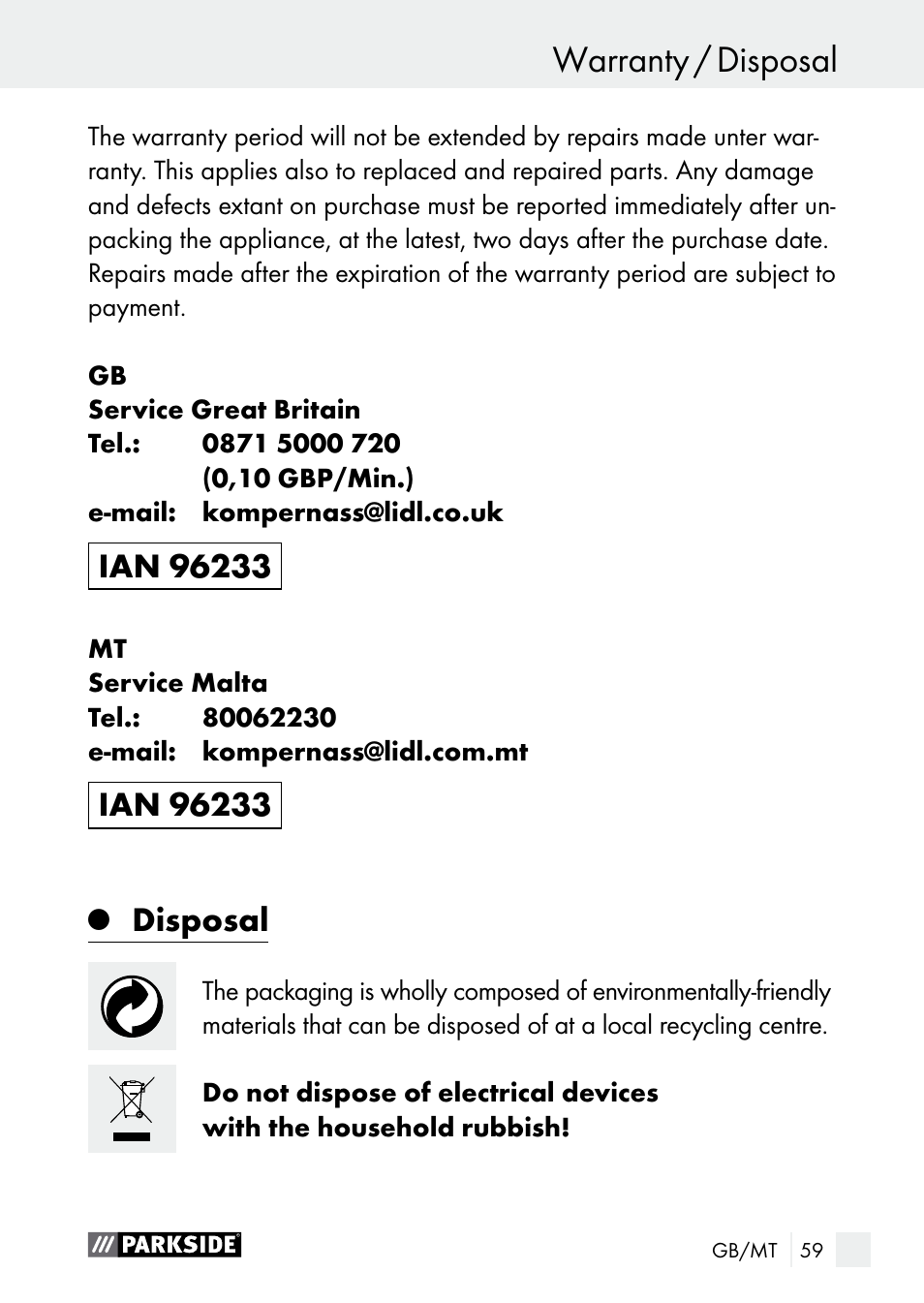 Warranty / disposal service centre / warranty, Disposal | Parkside PLBS 30 A1 User Manual | Page 59 / 75