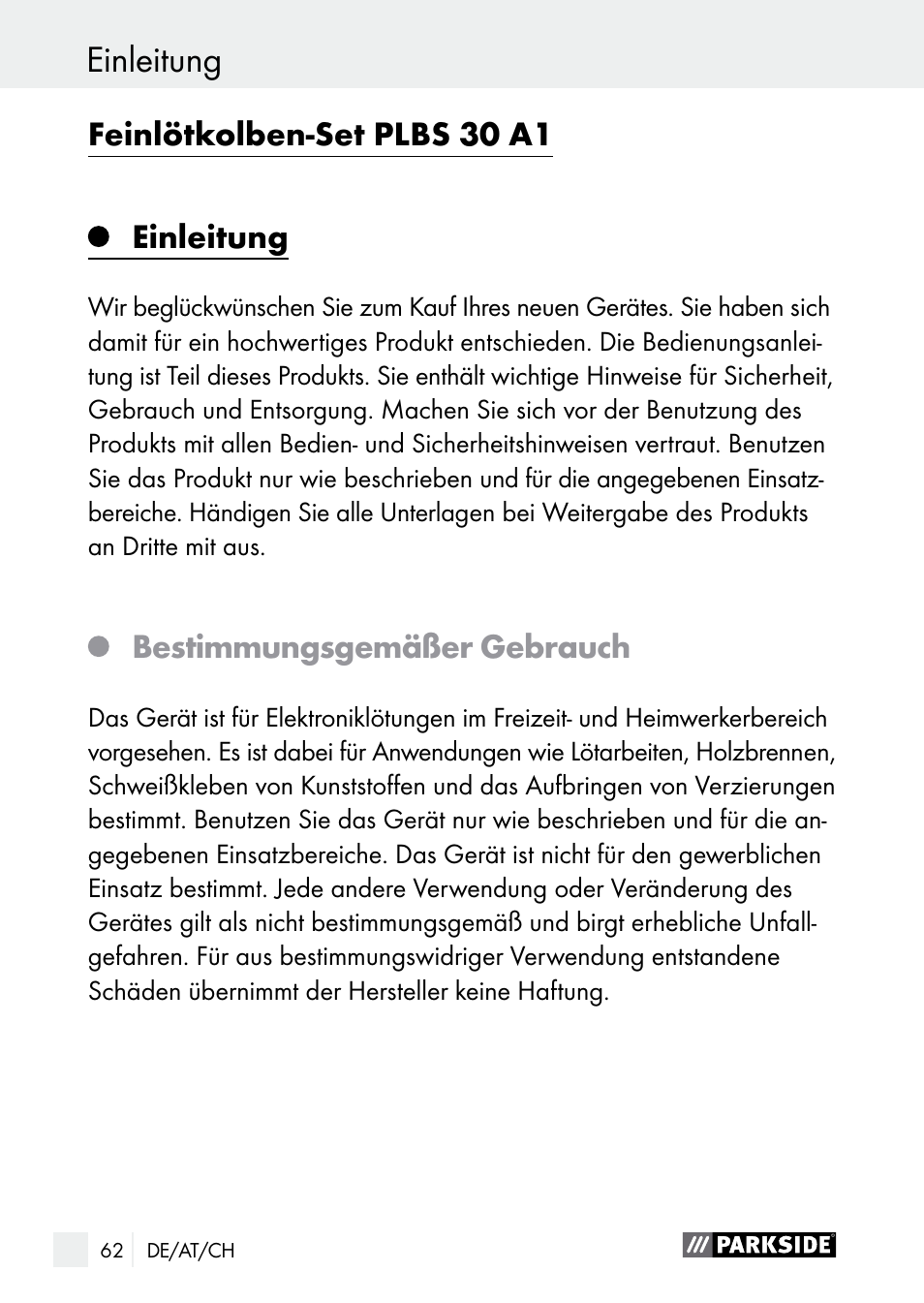 Einleitung, Feinlötkolben-set plbs 30 a1, Bestimmungsgemäßer gebrauch | Parkside PLBS 30 A1 User Manual | Page 62 / 75